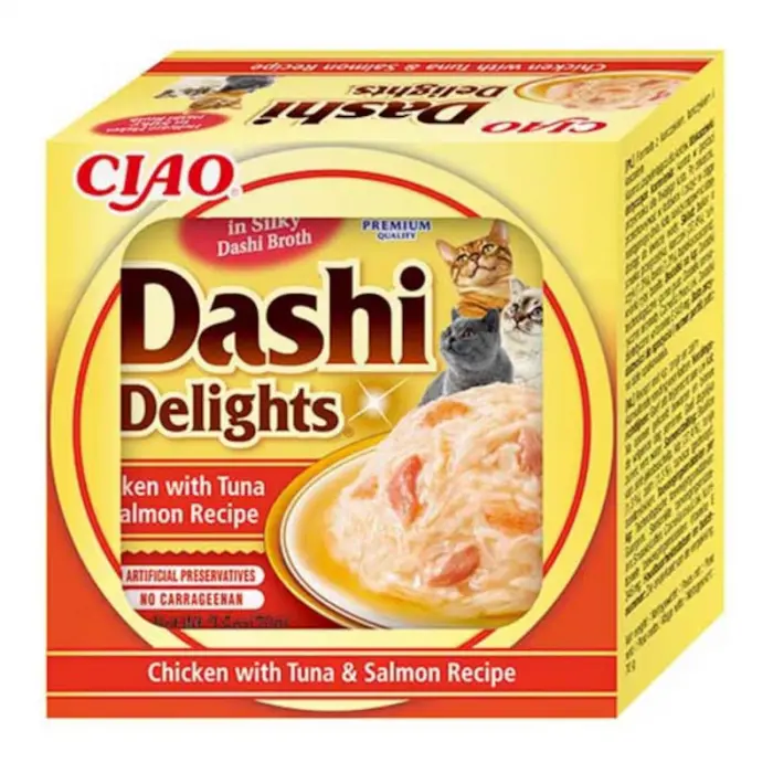 Hrana umeda pentru pisici Ciao Dashi Delights cu pui  ton  somon 70 gr