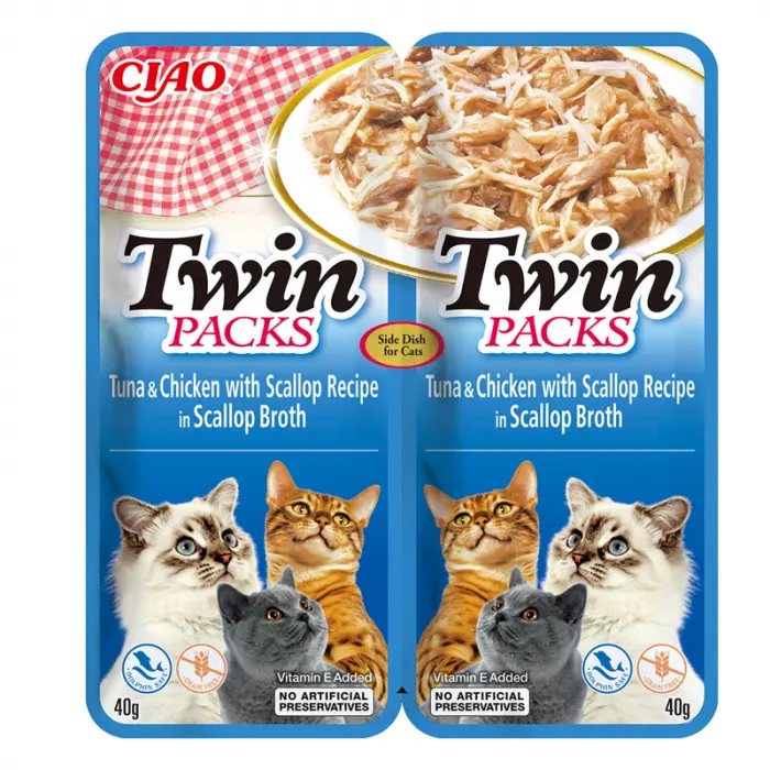 Hrana umeda pentru pisici Ciao Twin cu ton, pui  scoici 2 x 40 gr