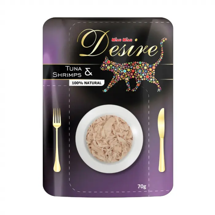 Hrana umeda pentru pisici Desire cu ton file  creveti in supa 70 gr