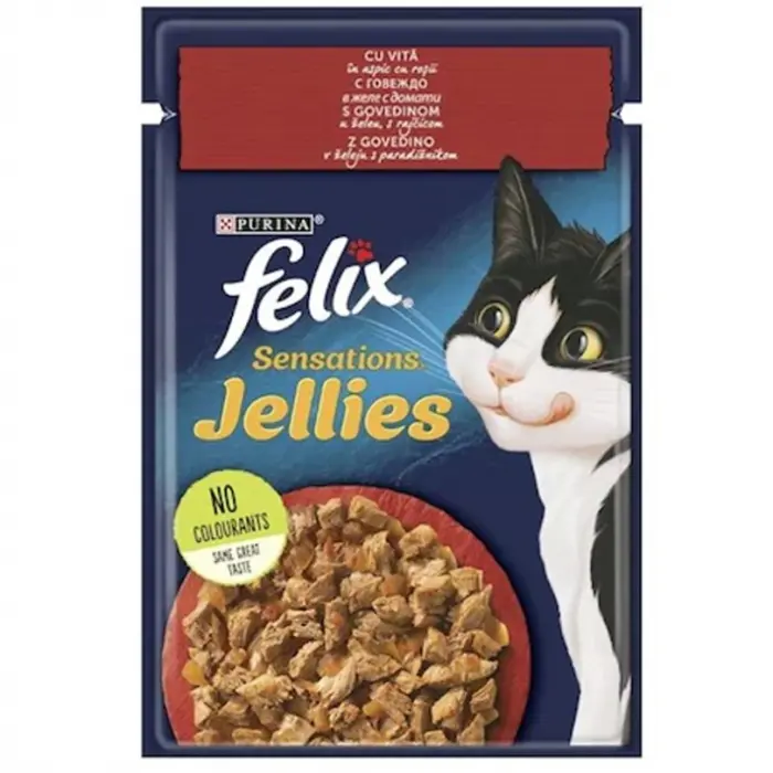 Hrana umeda pentru pisici Felix Sens Jelly cu vita si rosii in aspic 85 g