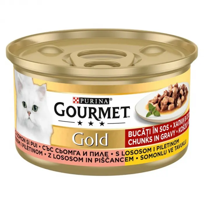 Hrana umeda pentru pisici Gourmet Gold cu somon si pui 85 gr