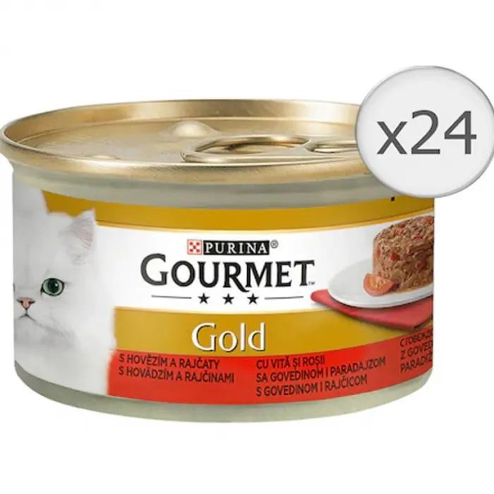 Set 24 buc x 85 gr Hrana umeda pentru pisici Gourmet Gold Savoury Cake cu vita  rosii