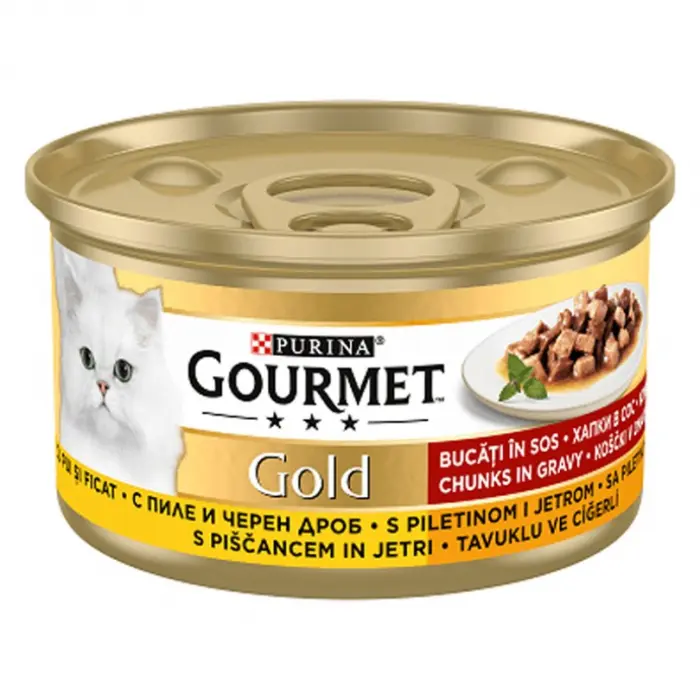 Hrana umeda pentru pisici Gourmet Gold cu pui ficat in sos 85 gr