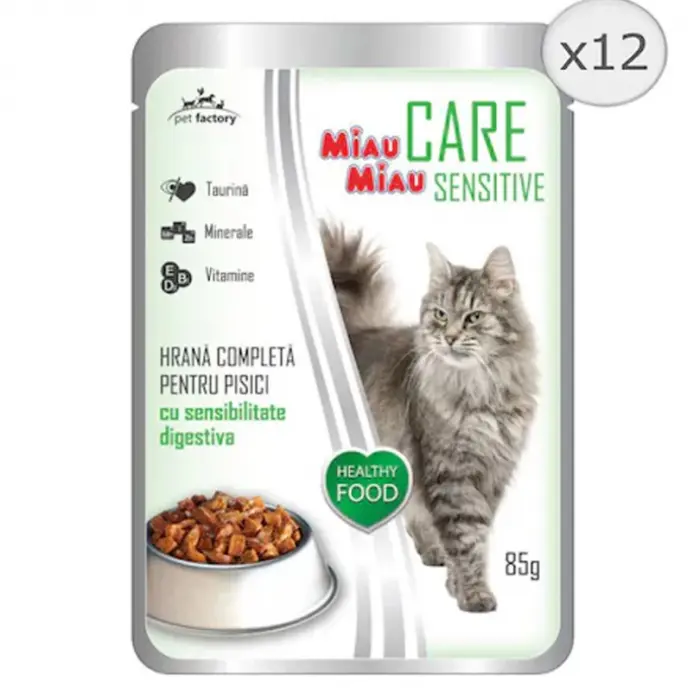 Set 12 buc x 85 gr Hrana umeda pentru pisici Miau Miau Care Sensitive cu ficat