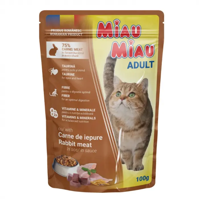 Hrana umeda pentru pisici Miau Miau cu iepure in sos 100 gr