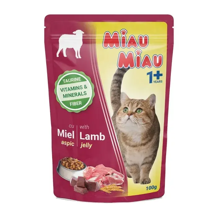 Hrana umeda pentru pisici Miau Miau cu miel in aspic 100 gr