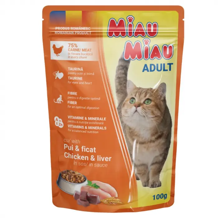 Hrana umeda pentru pisici Miau Miau cu pui ficat in sos 100 gr