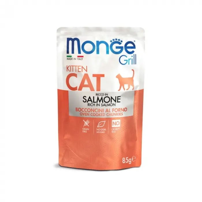 Hrana umeda pentru pisici Monge Grill Chunkies Kitten cu somon 85 gr