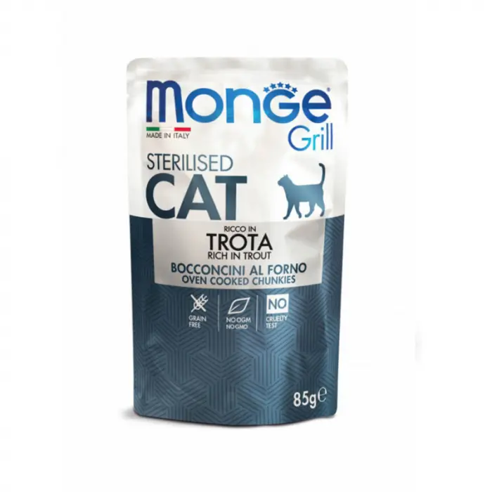 Hrana umeda pentru pisici Monge Grill Chunkies Sterilised cu pastrav 85 gr