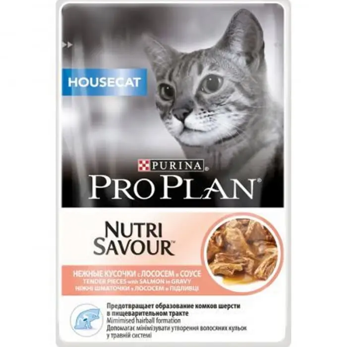 Hrana umeda pentru pisici Pro Plan Housecat Nutrisavour cu somon in sos 85 gr