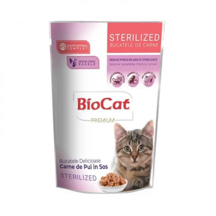 Hrana umeda pentru pisici Biocat Sterilised cu pui in sos 85 gr