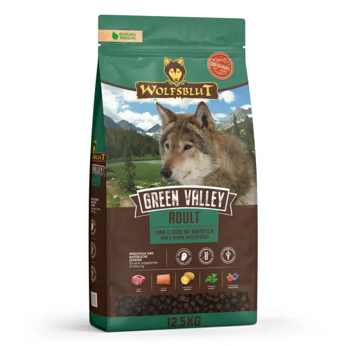 Hrana uscata pentru caini Wolfsblut Green Valley Adult cu miel  somon 12,5 kg