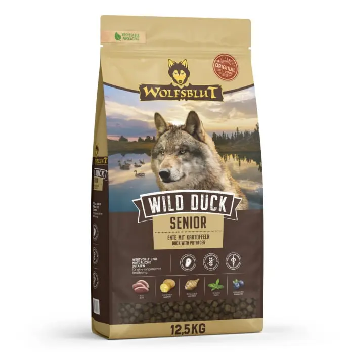 Hrana uscata pentru caini Wolfsblut Wild Duck Senior cu rata 12,5 kg