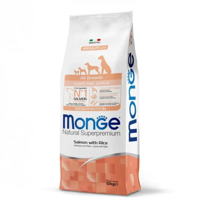 Hrana uscata pentru caini Monge Natural Superpremium Puppy Junior All Breeds cu somon 12 kg