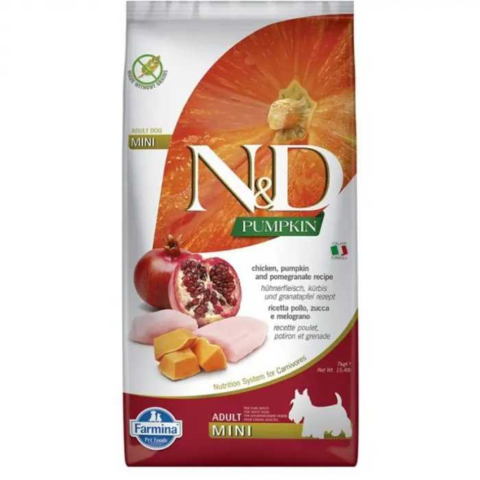Hrana uscata pentru caini Farmina ND Grain Free Adult Mini cu pui, rodie si dovleac 7 kg