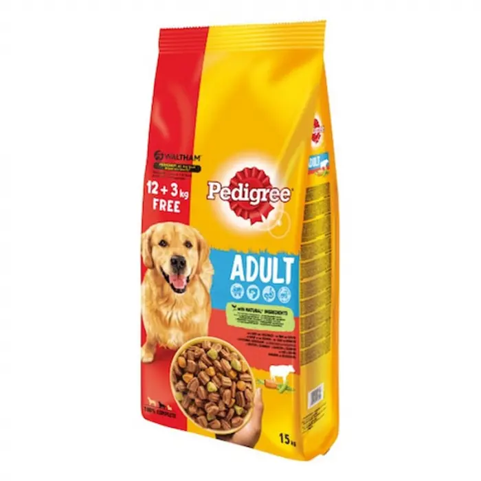 Hrana uscata pentru caini Pedigree Adult cu vita legume 12 kg + 3 kg GRATIS