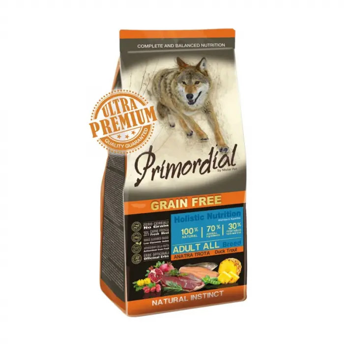 Hrana uscata pentru caini Primordial Grain-Free cu rata  pastrav 12 kg