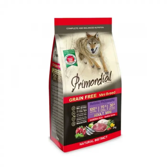 Hrana uscata pentru caini Primordial Grain-Free Mini Adult cu sardine  gasca 2 kg