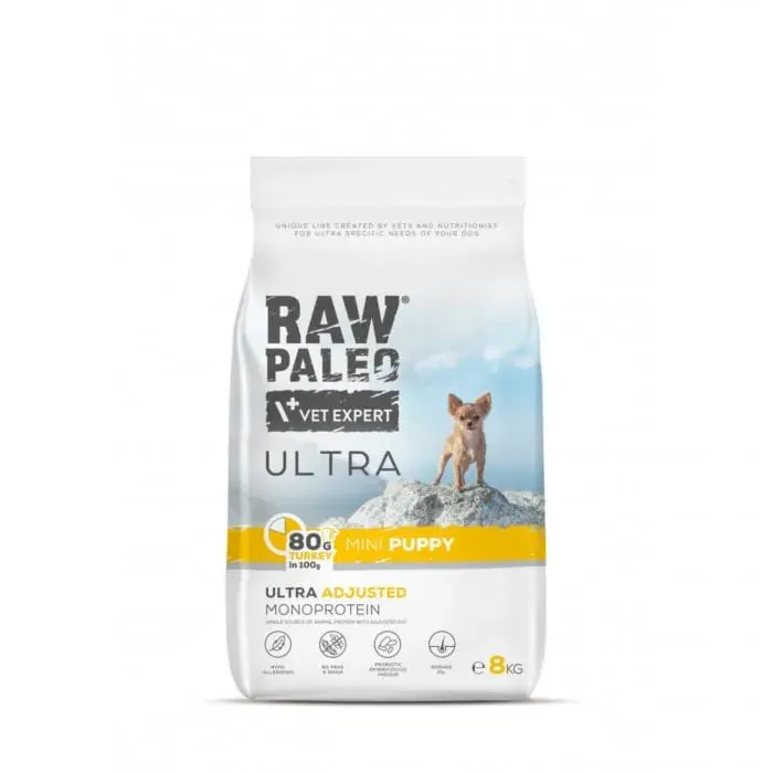 Hrana uscata pentru caini Raw Paleo Ultra Mini Puppy cu curcan 8 kg