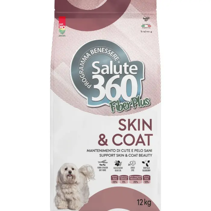 Hrana uscata pentru caini Salute 360 Fiber Plus SkinCoat cu ton  somon 12 kg