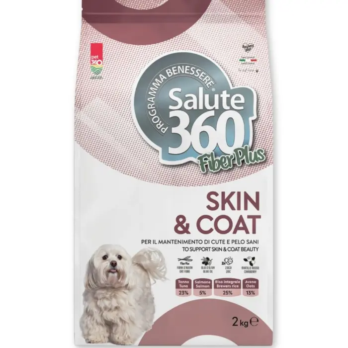 Hrana uscata pentru caini Salute 360 Fiber Plus SkinCoat cu ton  somon 2 kg