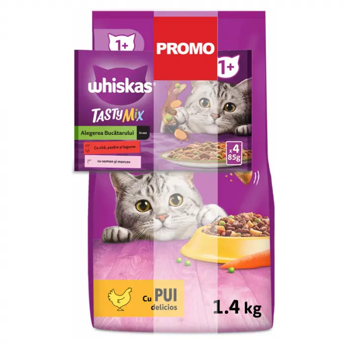 Hrana uscata pentru pisici adulte Whiskas cu pui 1,4 kg PROMO