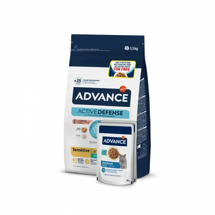 Hrana uscata pentru pisici Advance Sensitive cu somon 1,5 kg + 2 plicuri CADOU