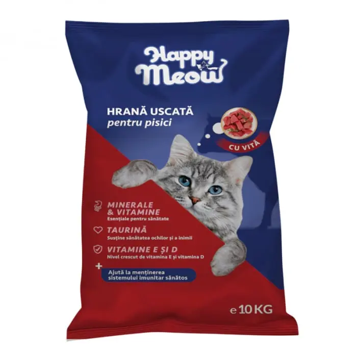 Hrana uscata pentru pisici Happy Meow cu vita 10 kg