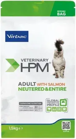 Hrana uscata pentru pisici Virbac HPM Adult Neutered  Entire cu somon 1,5 kg