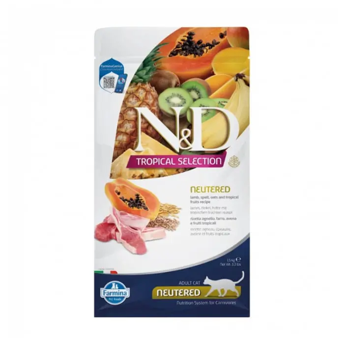 Hrana uscata pentru pisici ND Neutred Tropical Selection cu miel  fructe tropicale 1,5 kg