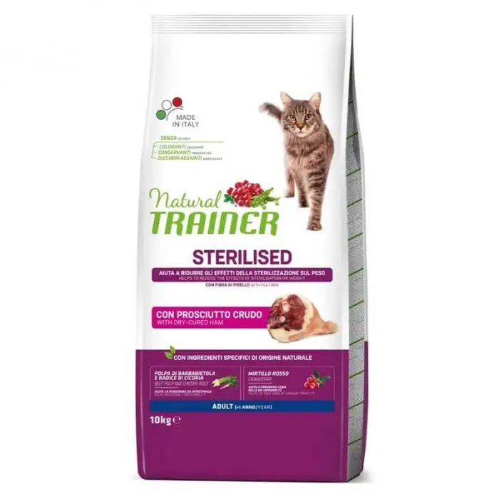 Hrana uscata pentru pisici Natural Trainer Sterilised cu bacon 10 kg