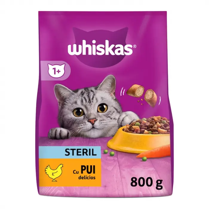 Hrana uscata pentru pisici Whiskas Steril cu pui 800 gr