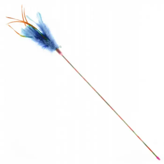 Jucarie pentru pisici bagheta cu pene albastre 46 cm