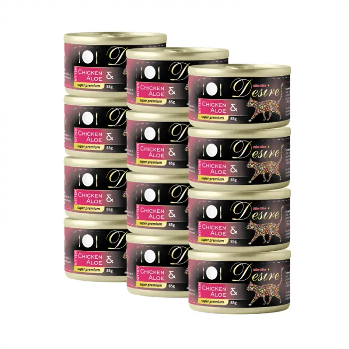 Set 12 buc x 85 gr Conserve pentru pisici Desire Kitten cu pui  aloe in gelatina