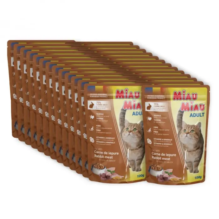 Set 24 buc x 100 gr Hrana umeda pentru pisici Miau Miau cu iepure in sos