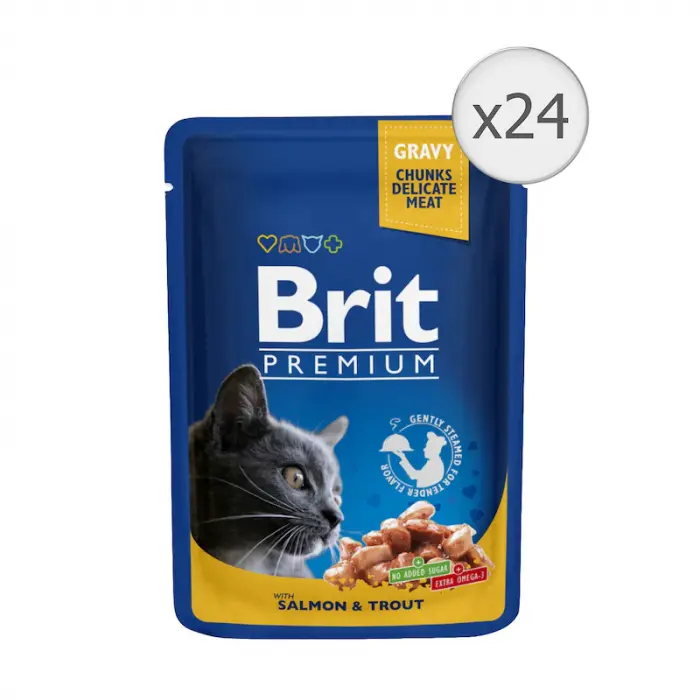 Set 24 buc x 100 gr Hrana umeda pentru pisici Brit cu somon pastrav