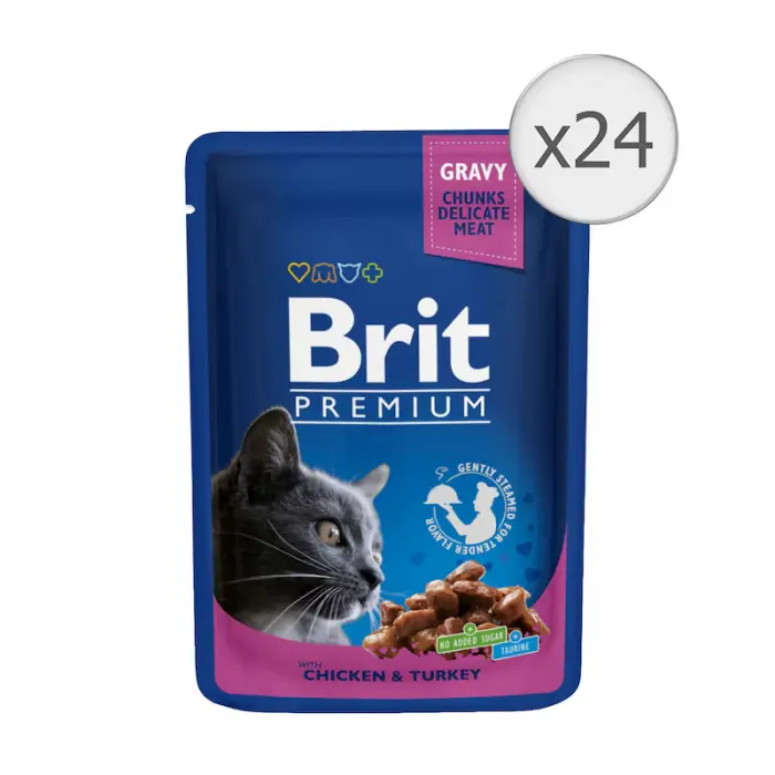 Set 24 buc x 100 gr Hrana umeda pentru pisici Brit cu pui curcan