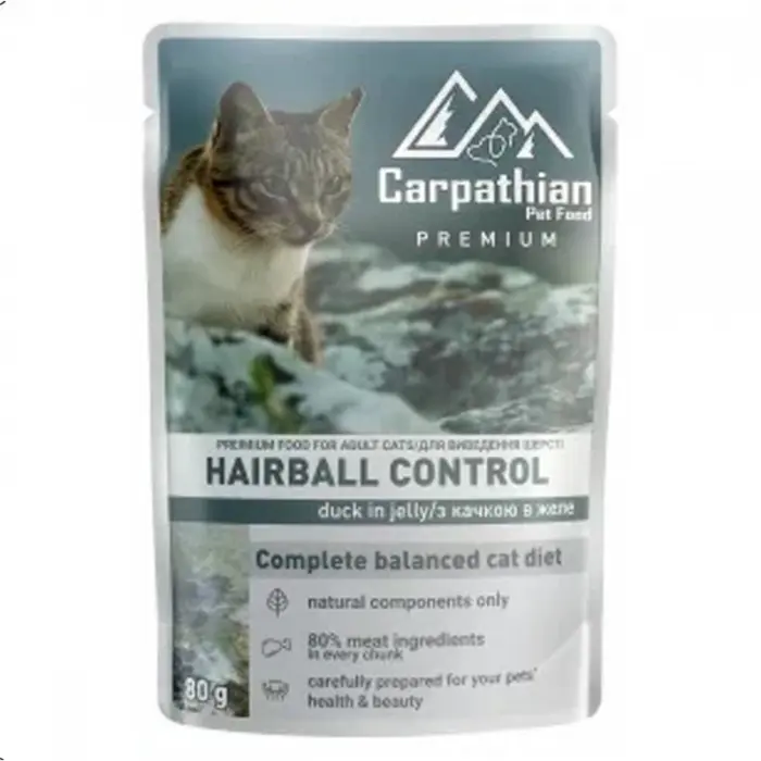 Set 24 buc x 80 gr Hrana umeda pentru pisici Carpathian Hairball cu rata in jeleu