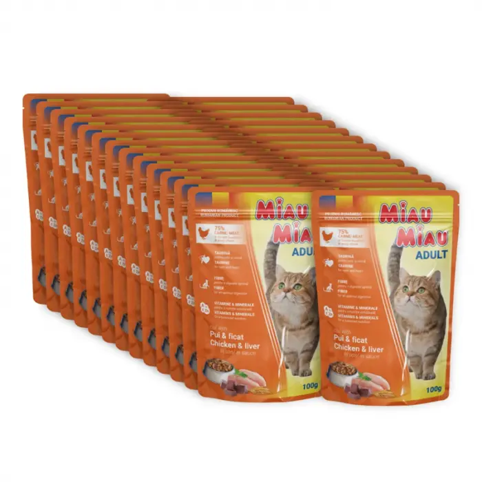 Set 24 buc x 100 gr Hrana umeda pentru pisici Miau Miau cu pui  ficat in sos