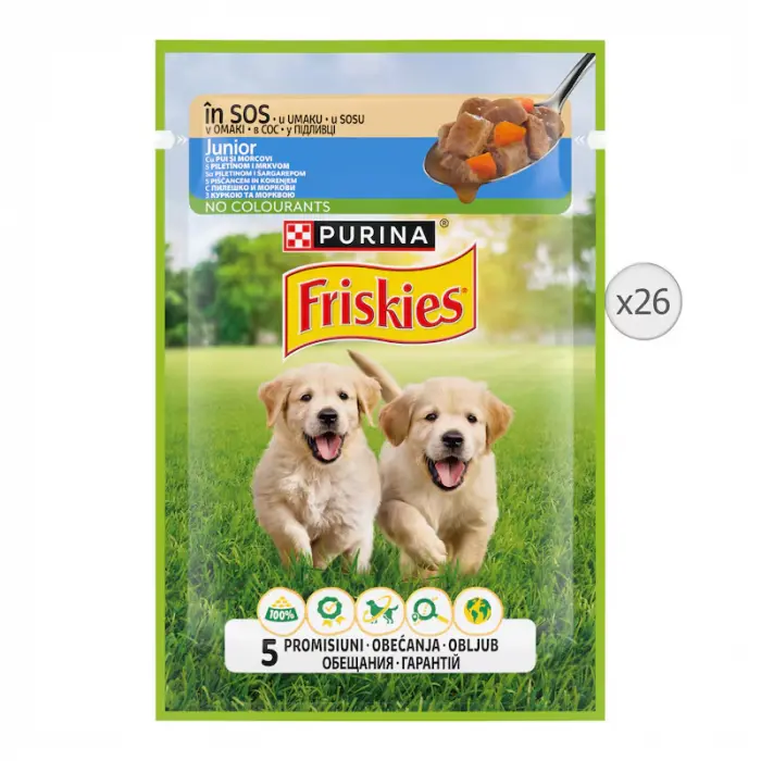 Set 26 buc x 85 gr Hrana umeda pentru caini Friskies Junior cu pui  morcov