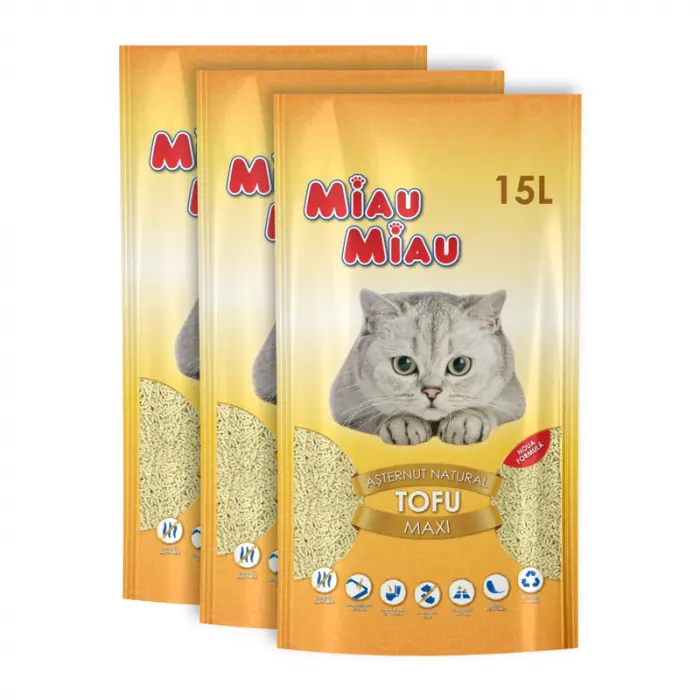 Set 3 buc X Asternut igienic pentru pisici Miau Miau Tofu Vanilie 15L