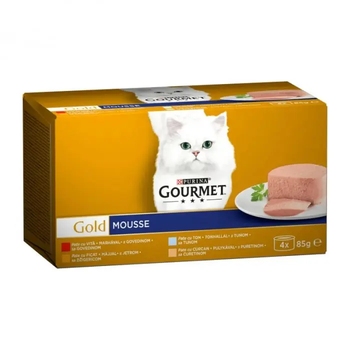 Pachet conserve Gourmet Gold Mousse cu vita , ton , ficat curcan 4 x 85 gr