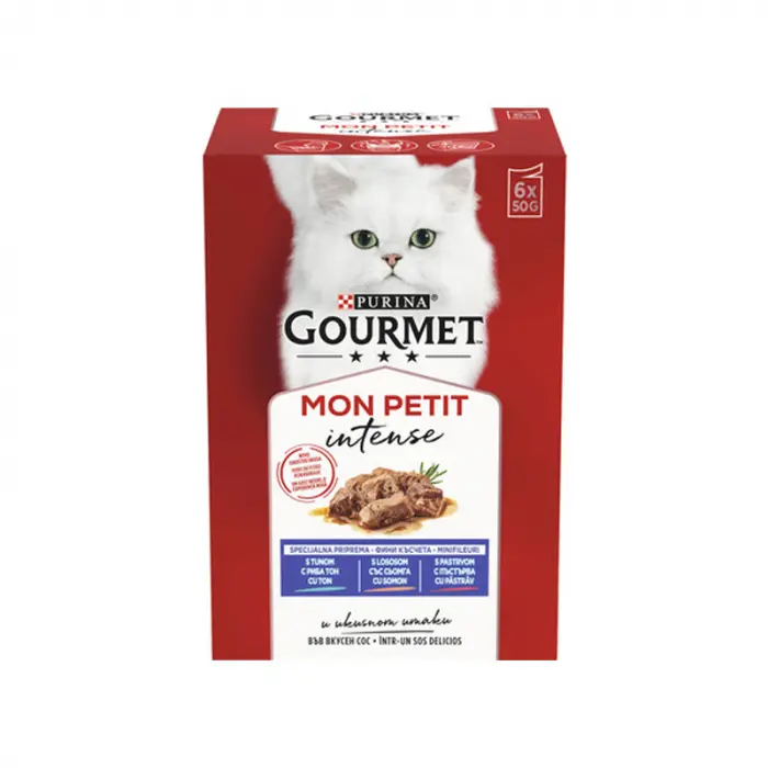 Set 6 buc x 50 gr Hrana umeda pentru pisici Gourmet Mon Petit cu ton, pastrav somon