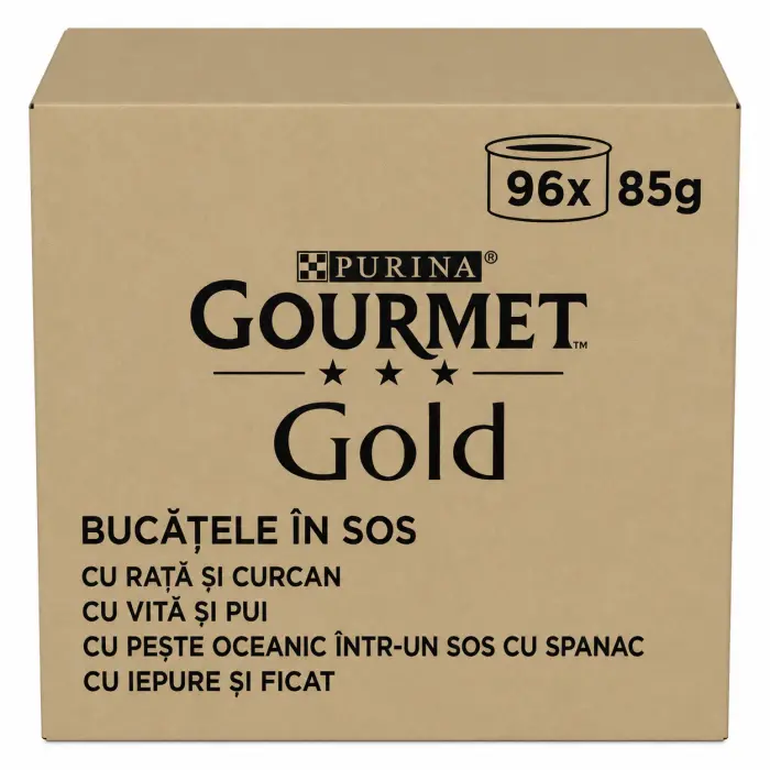 Set 96 buc x Hrana umeda pentru pisici Gourmet Gold Doble Placer cu rata curcan, vita pui, peste oceanic, iepure ficat 85 gr