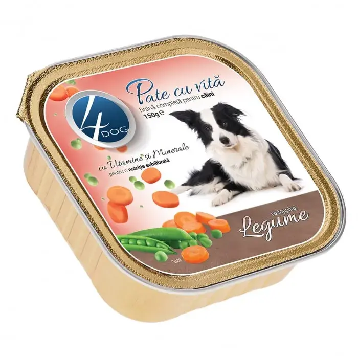 Pateu pentru caini 4Dog cu vita  topping de legume 150 gr