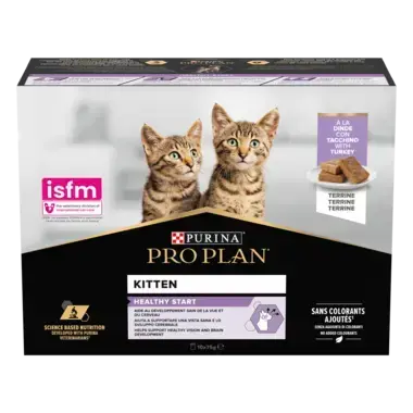 Pachet 10 buc x 85 gr Hrana umeda pentru pisici Pro Plan Kitten Healthy Start cu curcan