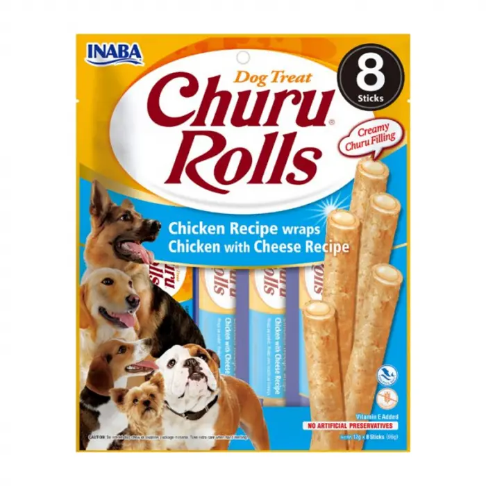 Recompense pentru caini Churu Rolls cu pui  branza 8 buc x 12 gr