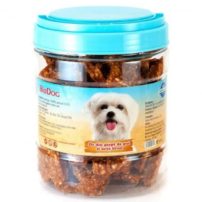Recompense pentru caini Biodog os din piept de pui  orez brun 500 gr