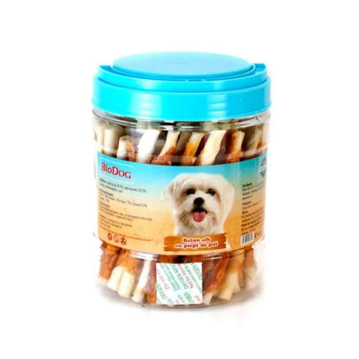 Recompense pentru caini Biodog Baton Alb cu piept de pui 500 gr