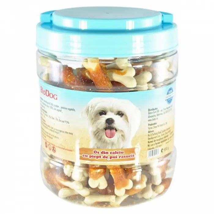 Recompense pentru caini Biodog Snack os din calciu cu piept de pui rasucit 500 gr